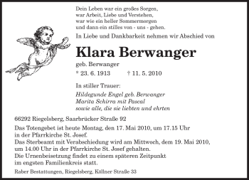 Todesanzeige von Klara Berwanger von SAARBRÜCKER ZEITUNG