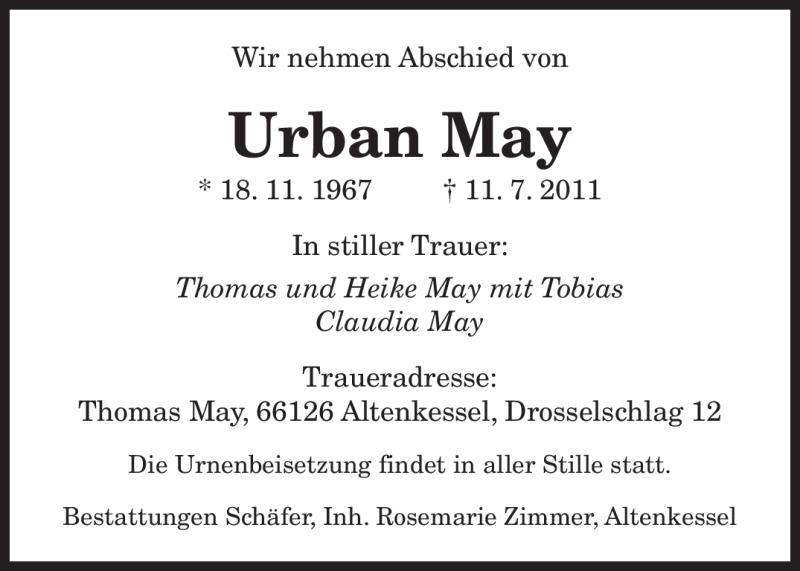  Traueranzeige für Urban May vom 23.07.2011 aus SAARBRÜCKER ZEITUNG