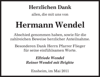 Todesanzeige von Hermann Wendel von SAARBRÜCKER ZEITUNG