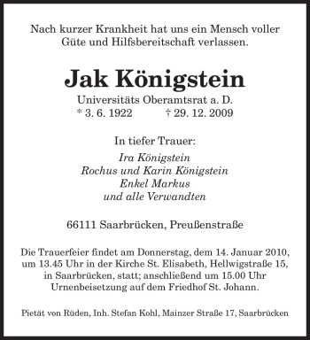 Todesanzeige von Jak Königstein von SAARBRÜCKER ZEITUNG