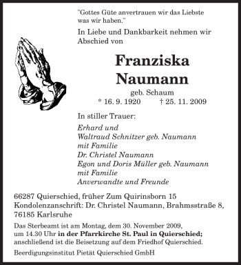 Todesanzeige von Franziska Naumann von SAARBRÜCKER ZEITUNG