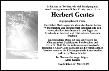 Todesanzeige von Herbert Gentes von SAARBRÜCKER ZEITUNG