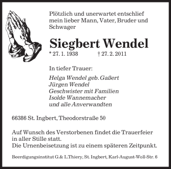Todesanzeige von Siegbert Wendel von SAARBRÜCKER ZEITUNG