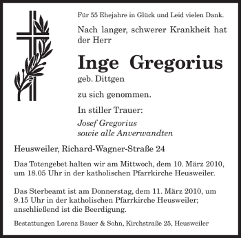 Todesanzeige von Inge Gregorius von SAARBRÜCKER ZEITUNG