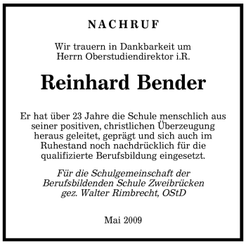 Todesanzeige von Reinhard Bender von SAARBRÜCKER ZEITUNG