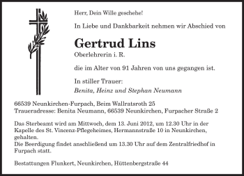 Todesanzeige von Gertrud Lins von SAARBRÜCKER ZEITUNG