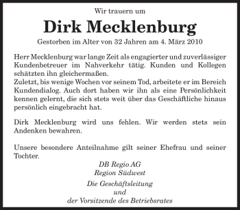 Todesanzeige von Dirk Mecklenburg von SAARBRÜCKER ZEITUNG