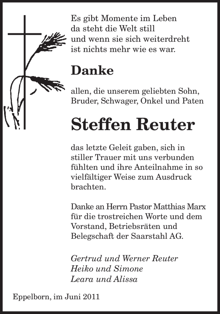  Traueranzeige für Steffen Reuter vom 20.06.2011 aus SAARBRÜCKER ZEITUNG