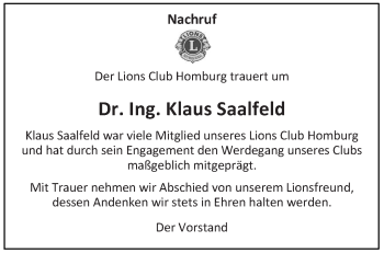 Todesanzeige von Klaus Saalfeld von saarbruecker_zeitung