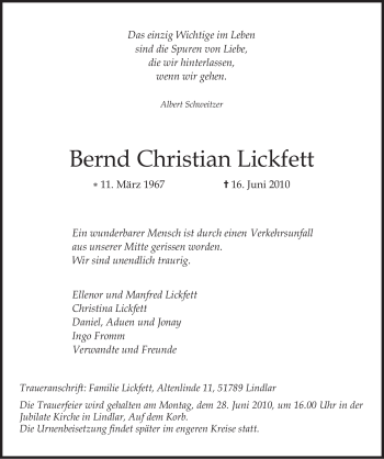 Todesanzeige von Bernd Christian Lickfett von SAARBRÜCKER ZEITUNG