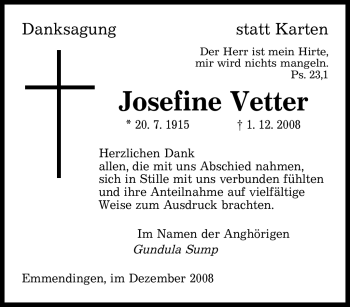 Todesanzeige von Josefine Vetter von SAARBRÜCKER ZEITUNG