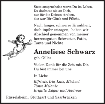 Todesanzeige von Anneliese Schwarz von SAARBRÜCKER ZEITUNG