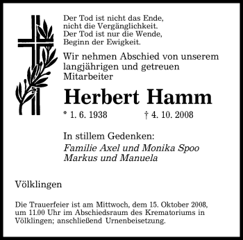 Todesanzeige von Herbert Hamm von SAARBRÜCKER ZEITUNG