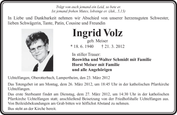 Todesanzeige von Ingrid Volz von SAARBRÜCKER ZEITUNG