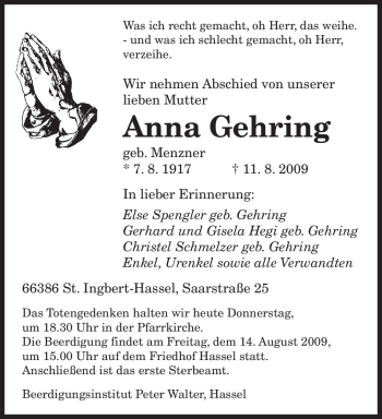 Todesanzeige von Anna Gehring von SAARBRÜCKER ZEITUNG