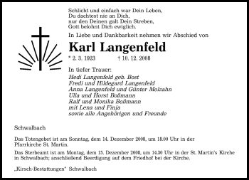 Todesanzeige von Karl Langenfeld von SAARBRÜCKER ZEITUNG