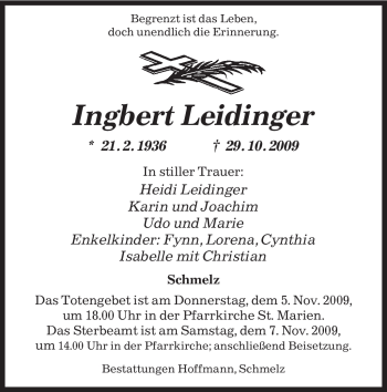 Todesanzeige von Ingbert Leidinger von SAARBRÜCKER ZEITUNG
