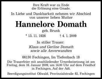Todesanzeige von Hannelore Domath von SAARBRÜCKER ZEITUNG