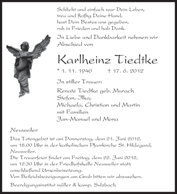 Todesanzeige von Karlheinz Tiedtke von SAARBRÜCKER ZEITUNG
