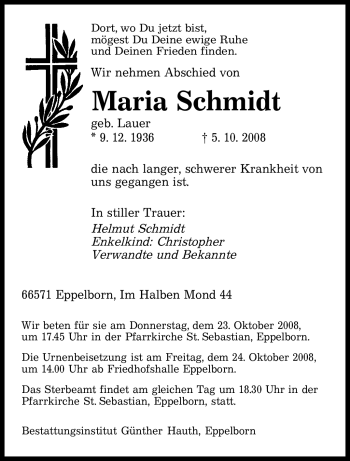Todesanzeige von Maria Schmidt von SAARBRÜCKER ZEITUNG