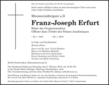 Todesanzeige von Franz-Joseph Erfurt von SAARBRÜCKER ZEITUNG