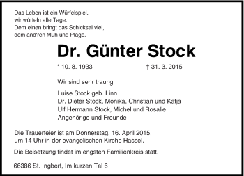 Todesanzeige von Günter Stock von saarbruecker_zeitung