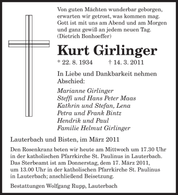 Todesanzeige von Kurt Girlinger von SAARBRÜCKER ZEITUNG