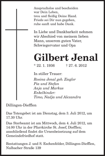 Todesanzeige von Gilbert Jenal von SAARBRÜCKER ZEITUNG