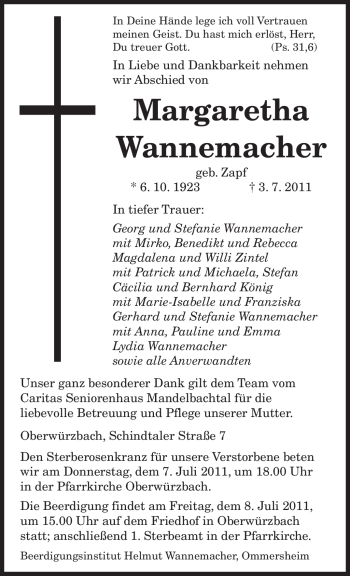 Todesanzeige von Margaretha Wannemacher von SAARBRÜCKER ZEITUNG