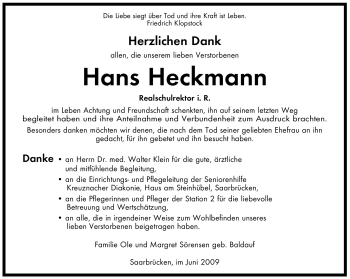 Todesanzeige von Hans Heckmann von SAARBRÜCKER ZEITUNG