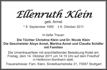Todesanzeige von Ellenruth Klein von SAARBRÜCKER ZEITUNG