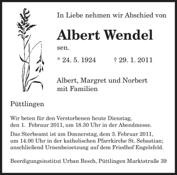 Todesanzeige von Albert Wendel von SAARBRÜCKER ZEITUNG
