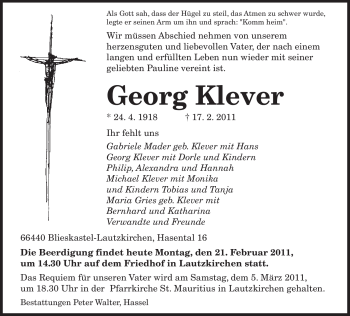 Todesanzeige von Georg Klever von SAARBRÜCKER ZEITUNG