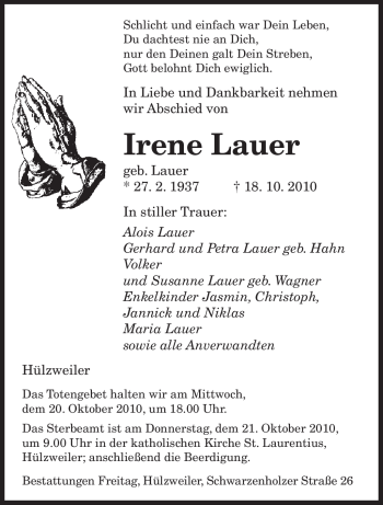 Todesanzeige von Irene Lauer von SAARBRÜCKER ZEITUNG