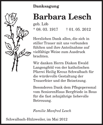 Todesanzeige von Barbara Lesch von SAARBRÜCKER ZEITUNG