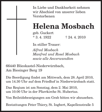 Todesanzeige von Helena Mosbach von SAARBRÜCKER ZEITUNG