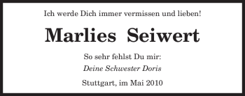Todesanzeige von Marlies Seiwert von SAARBRÜCKER ZEITUNG