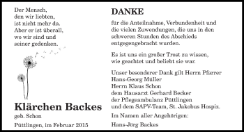 Todesanzeige von Klärchen Backes von saarbruecker_zeitung