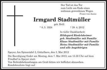 Todesanzeige von Irmgard Stadtmüller von SAARBRÜCKER ZEITUNG
