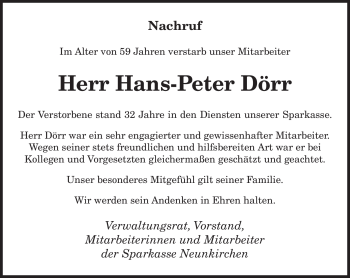 Todesanzeige von Hans-Peter Dörr von SAARBRÜCKER ZEITUNG