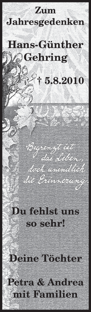 Todesanzeige von Hans-Günther Gehring von SAARBRÜCKER ZEITUNG