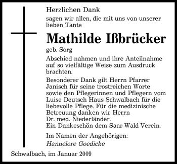 Todesanzeige von Mathilde Ißbrücker von SAARBRÜCKER ZEITUNG