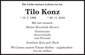 Todesanzeige von Tilo Konz von SAARBRÜCKER ZEITUNG