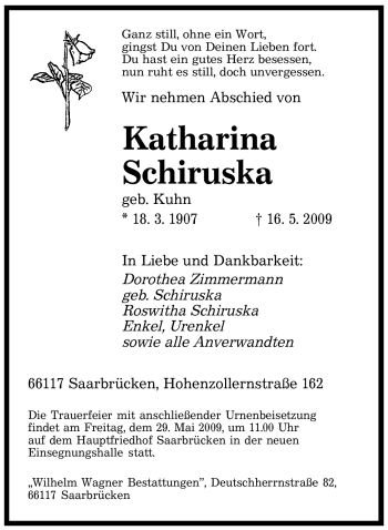 Todesanzeige von Katharina Schiruska von SAARBRÜCKER ZEITUNG