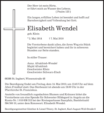 Todesanzeige von Elisabeth Wendel von SAARBRÜCKER ZEITUNG