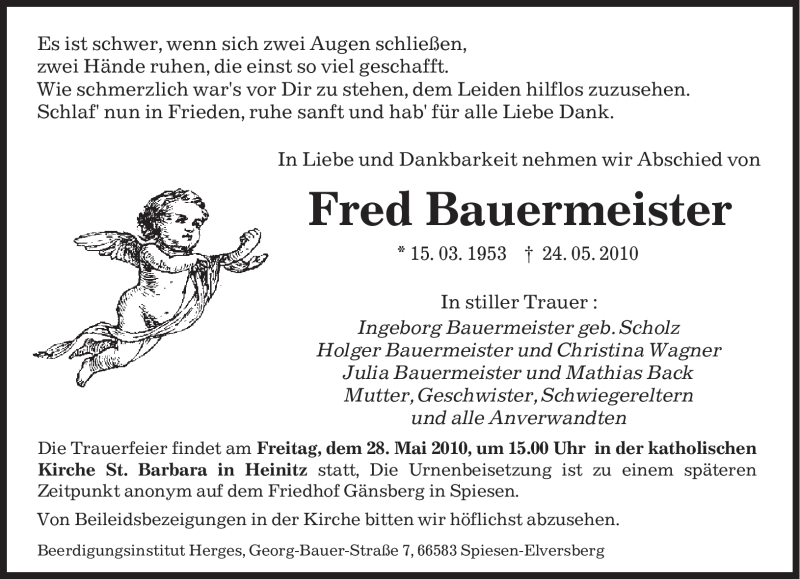  Traueranzeige für Fred Bauermeister vom 27.05.2010 aus SAARBRÜCKER ZEITUNG