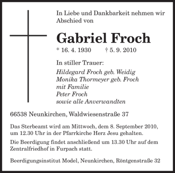 Todesanzeige von Gabriel Froch von SAARBRÜCKER ZEITUNG