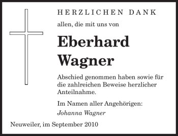 Todesanzeige von Eberhard Wagner von SAARBRÜCKER ZEITUNG