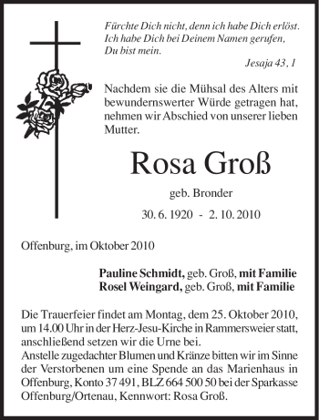 Todesanzeige von Rosa Groß von SAARBRÜCKER ZEITUNG