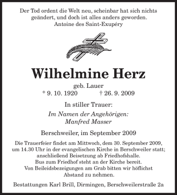 Todesanzeige von Wilhelmine Herz von SAARBRÜCKER ZEITUNG